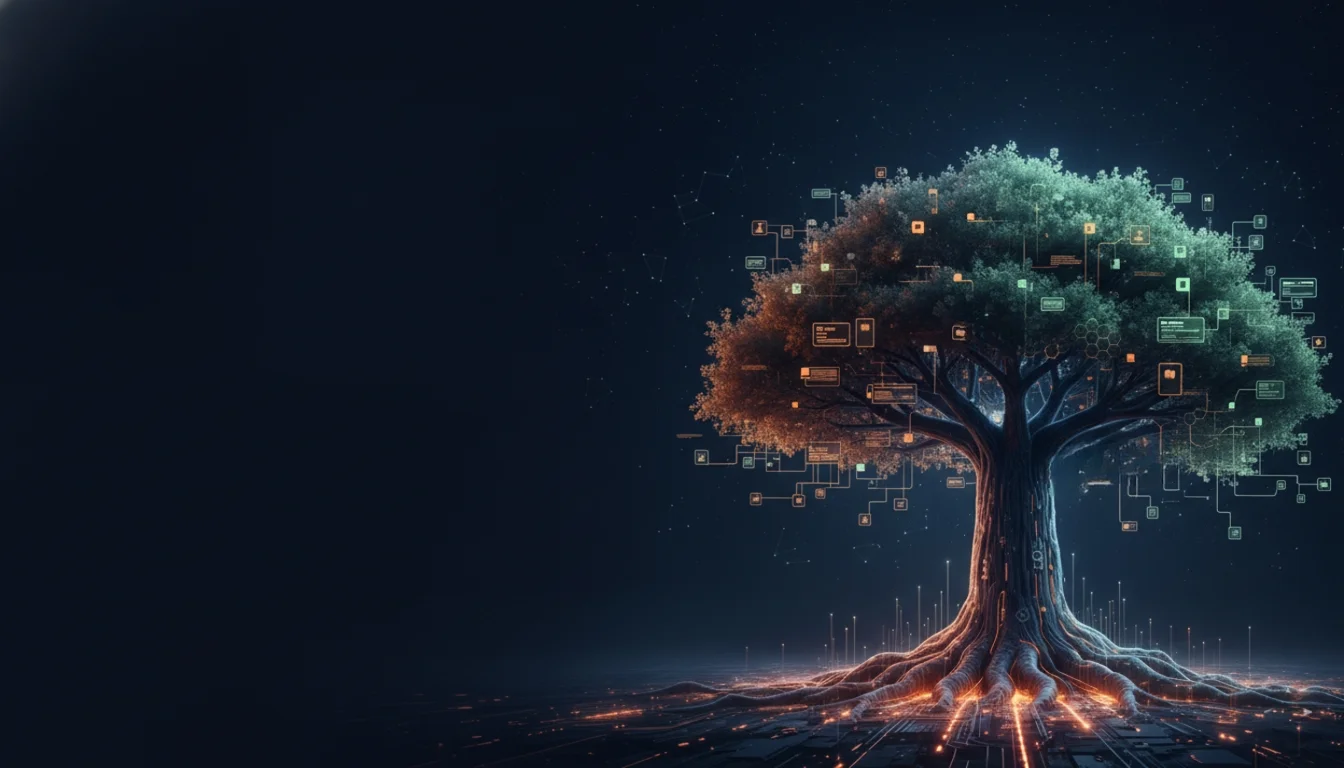 Illustration d'un arbre digital représentant la croissance et la solidité des applications web en Python, Django, PHP et Symfony.